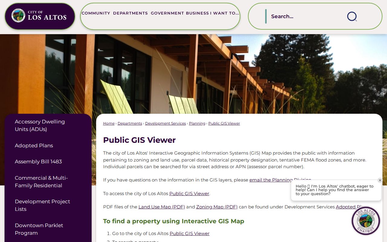 Los Altos street directory view of the Public GIS Viewer instructions