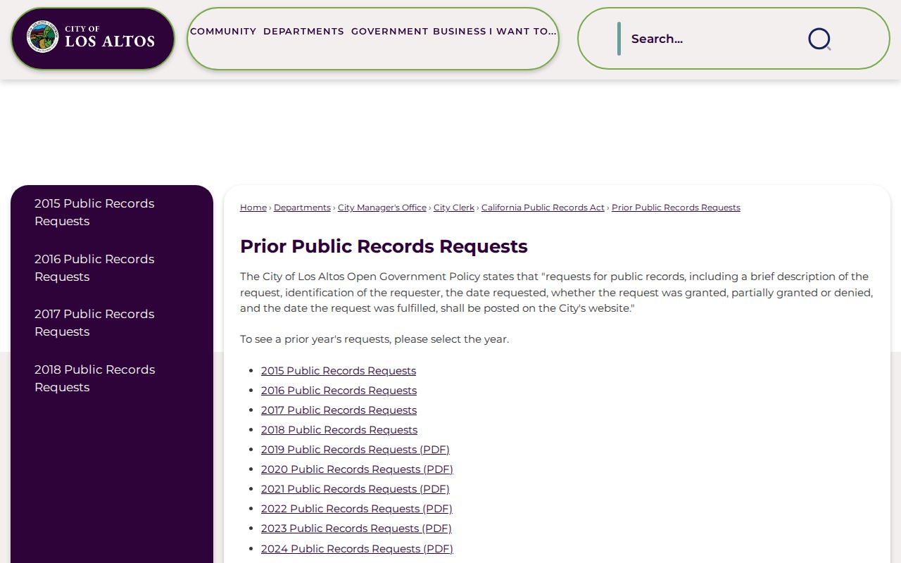 Los Altos street directory view of prior public-record requests