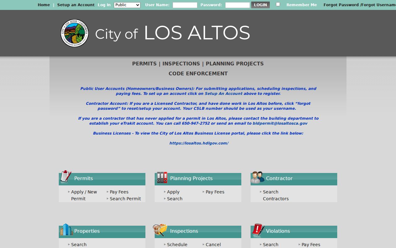Los Altos street directory view of the eTRAKiT permit portal