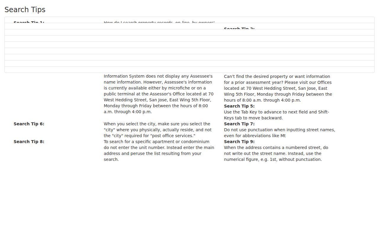 Los Altos street directory view of Santa Clara County assessor search tips